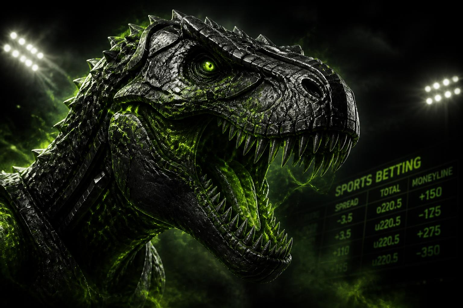 Tiranosaurio metálico con luces verdes junto a un marcador de cuotas deportivas